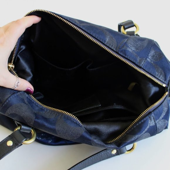 Vintage Y2K Coach Black/Navy Metallic Large Front Flap Carryall Satchel Purse - Picture 12 of 15